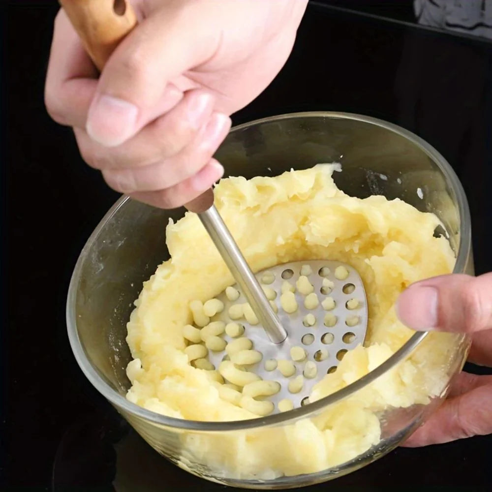 Potato Masher Stainless Steel Perforated Plate Ergonomic Wood Handle