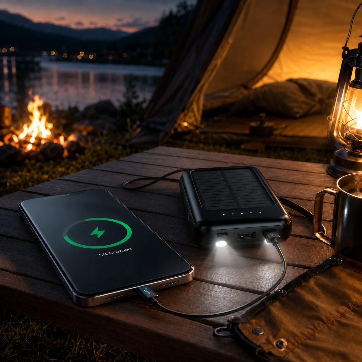 Power Bank 20,000mAh Solar Built-In Cables