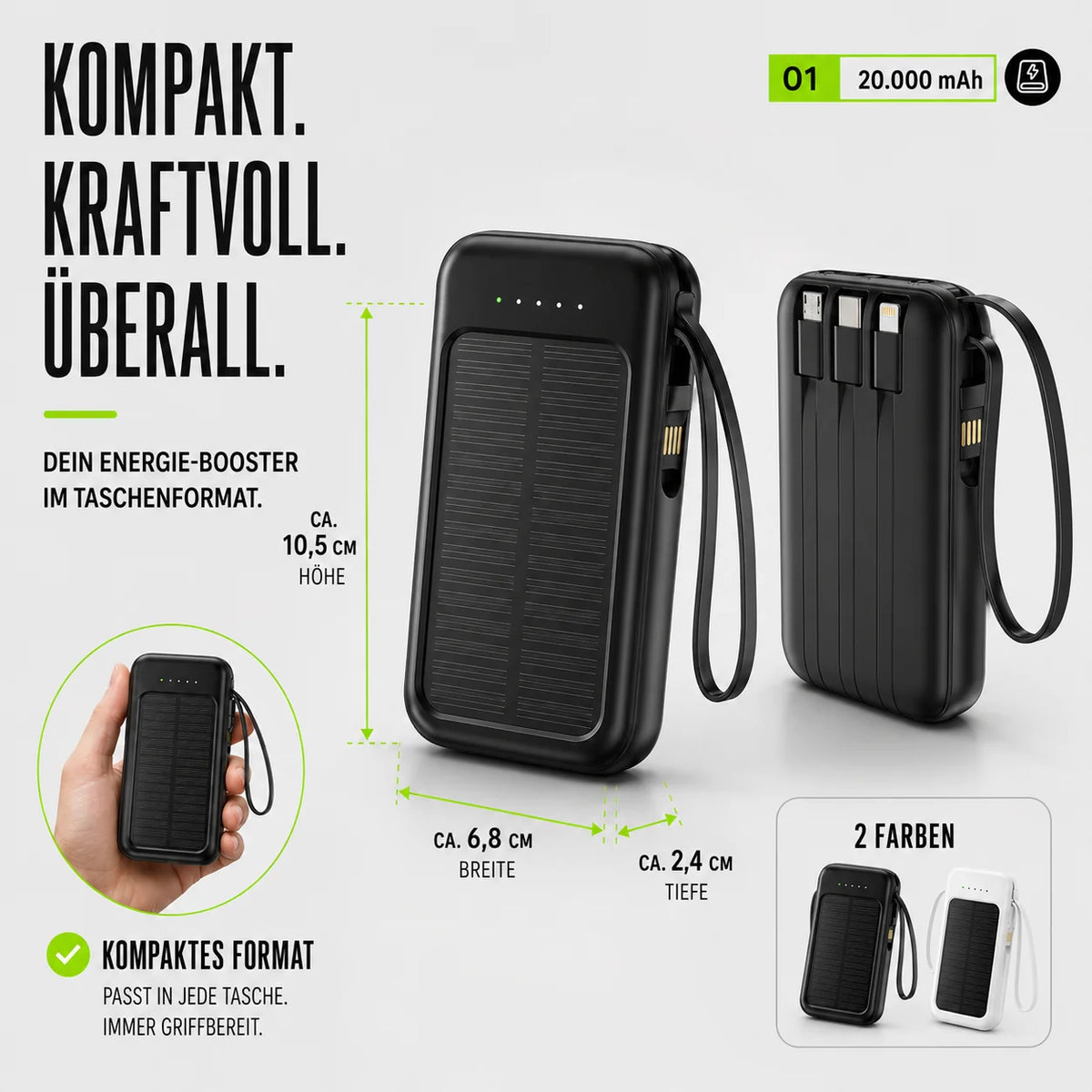 Power Bank 20,000mAh Solar Built-In Cables
