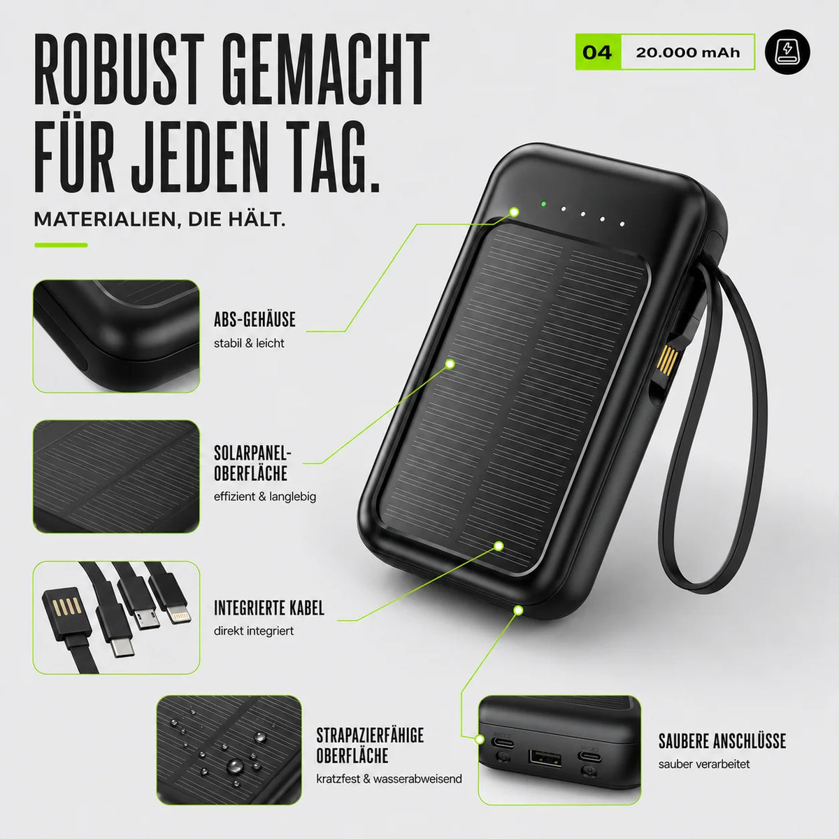 Power Bank 20,000mAh Solar Built-In Cables