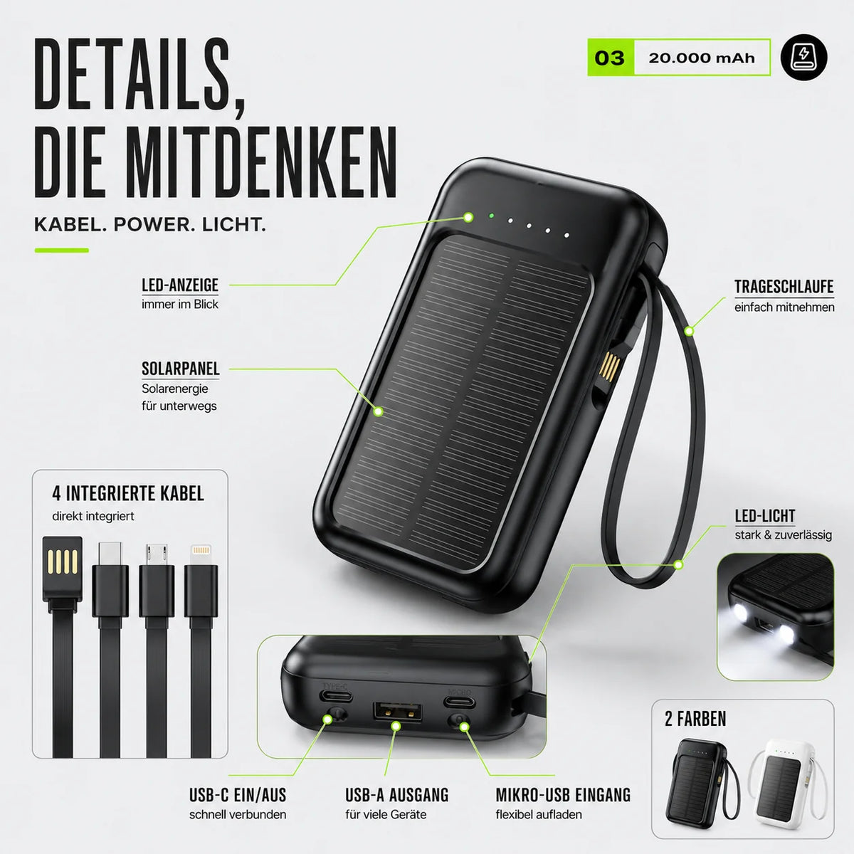 Power Bank 20,000mAh Solar Built-In Cables