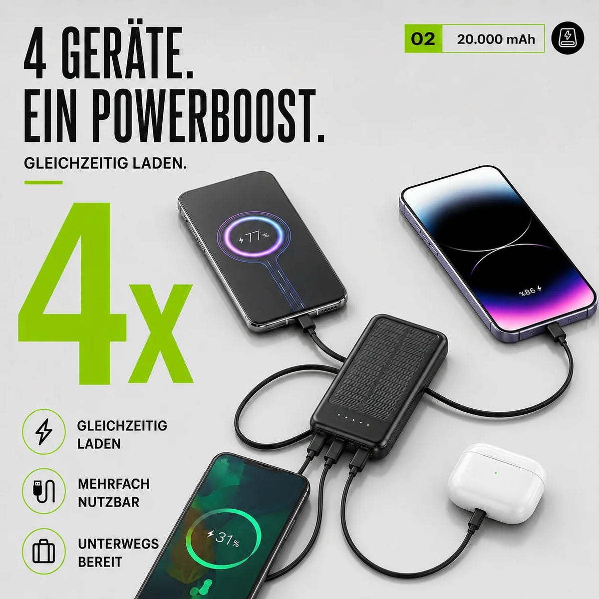 Power Bank 20,000mAh Solar Built-In Cables