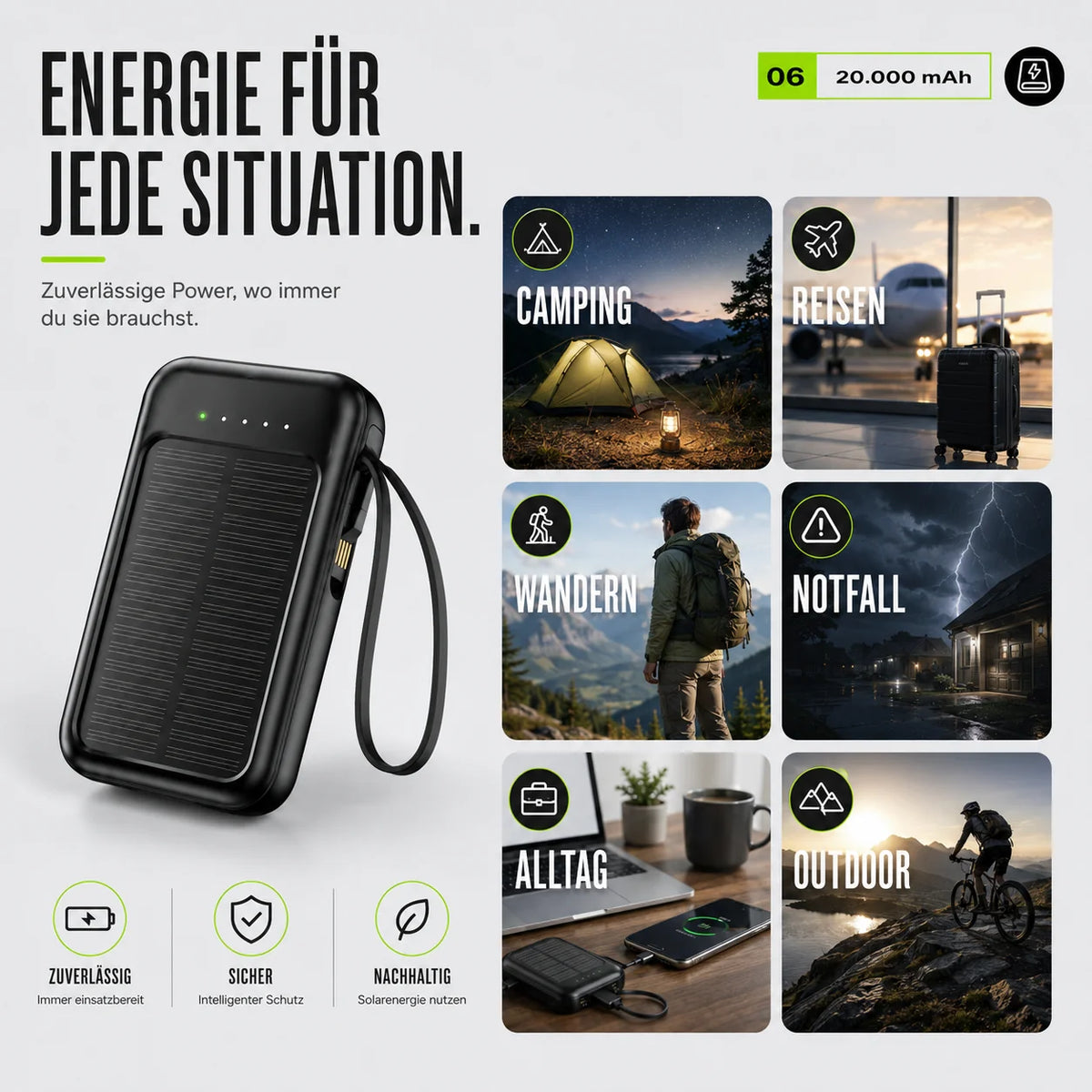 Power Bank 20,000mAh Solar Built-In Cables