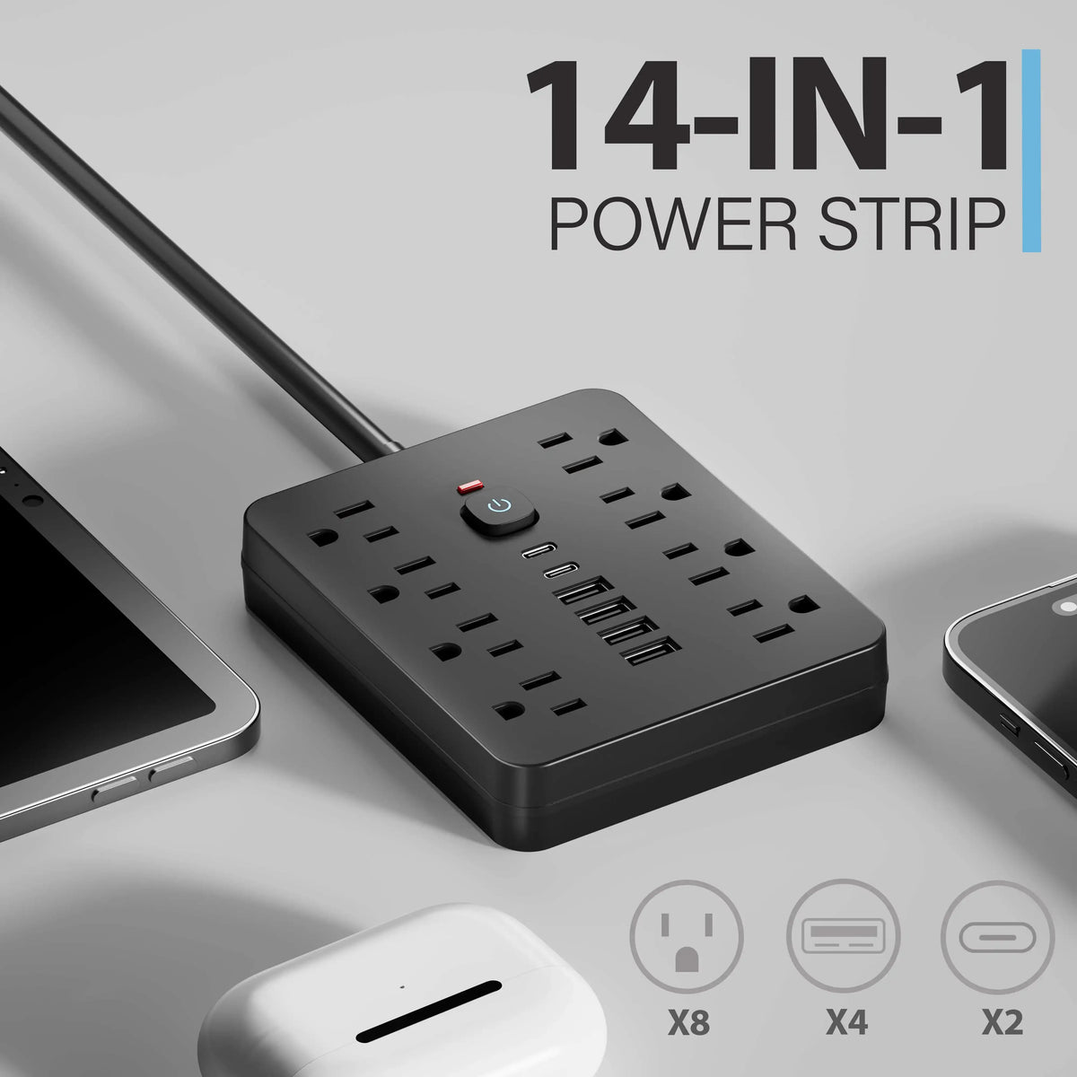 Power Strip 8 AC Outlets 4 USB Surge Protection