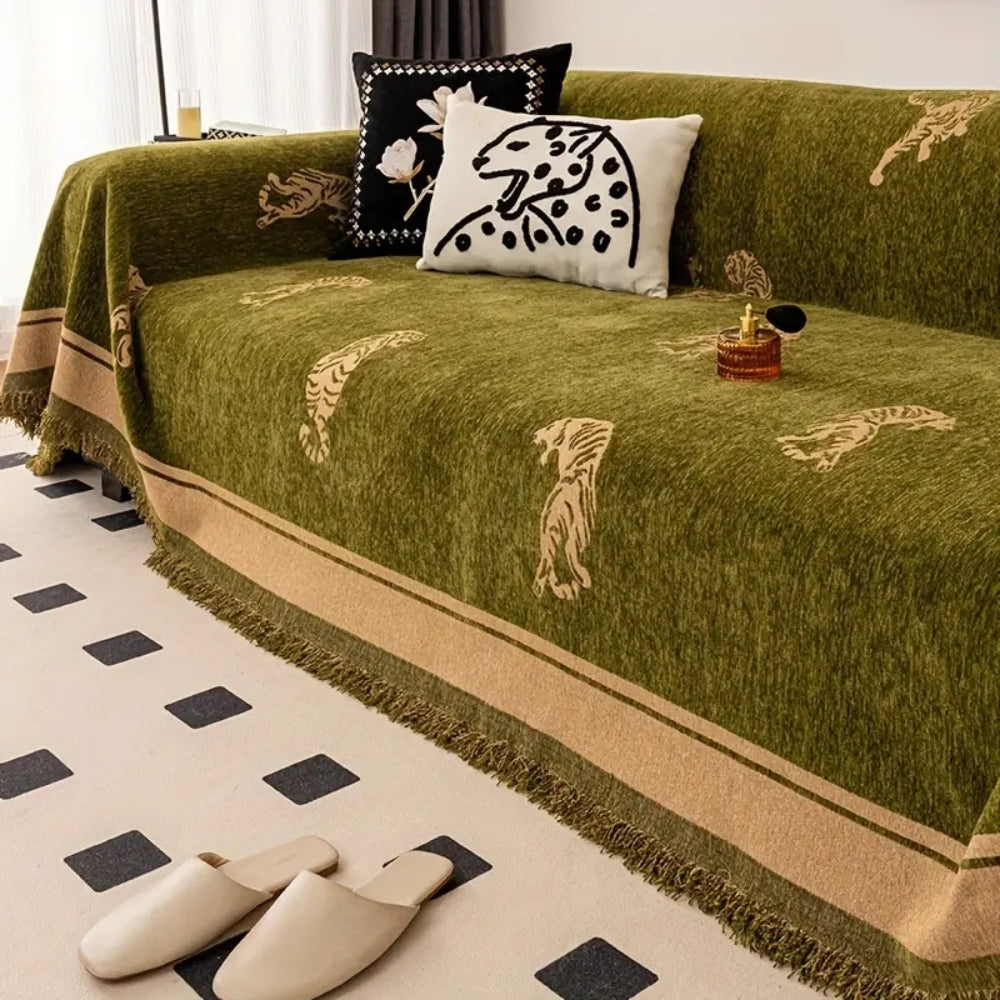 Premium Chenille Reversible Tiger-Print Sofa Cover (Machine Washable)