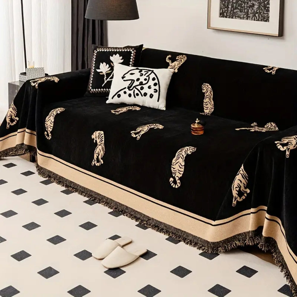 Premium Chenille Reversible Tiger-Print Sofa Cover (Machine Washable)