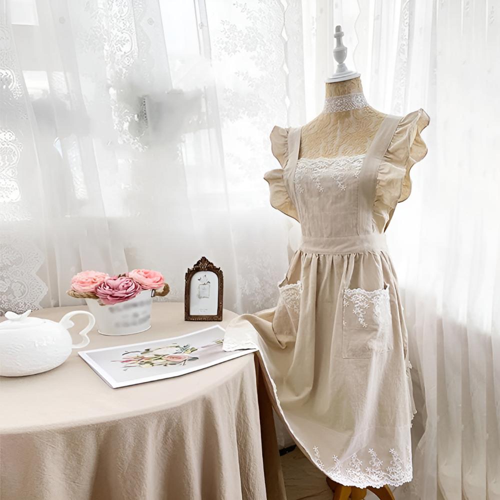 Premium Cotton Cross-Back Apron With Ruffle & Pockets