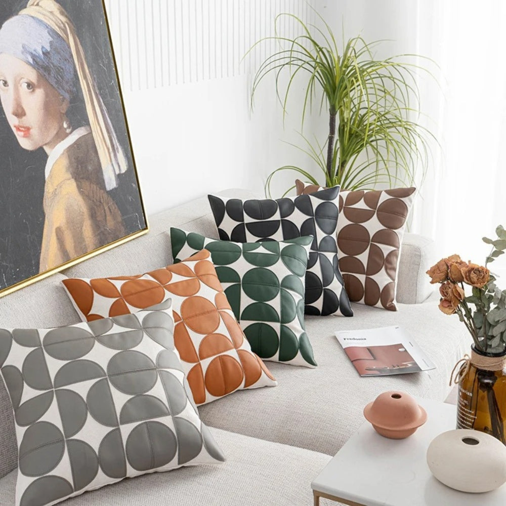 Premium Embroidered Faux Leather Sofa Cushion Cover (18 x 18 in)