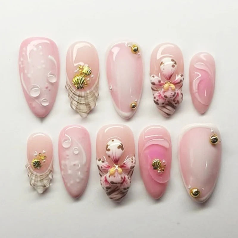 Press-On Acrylic Nail Set Floral & Glitter Adhesive Strips