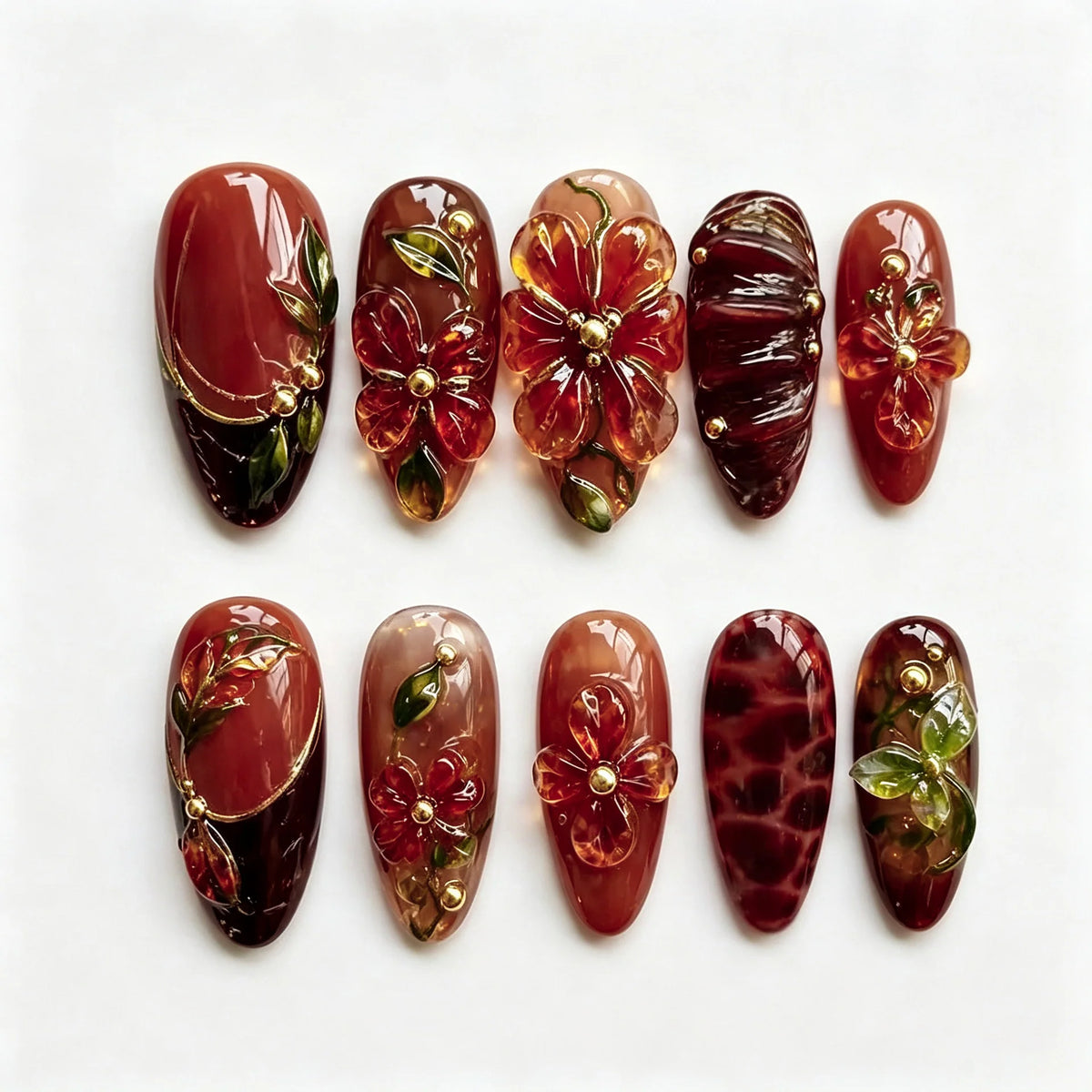 Press-On Gel Nail Set Floral Design & Silver Accents