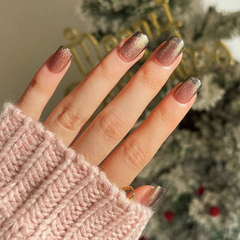 Press-On Gel Nails Glitter Gradient Coral Long-Lasting
