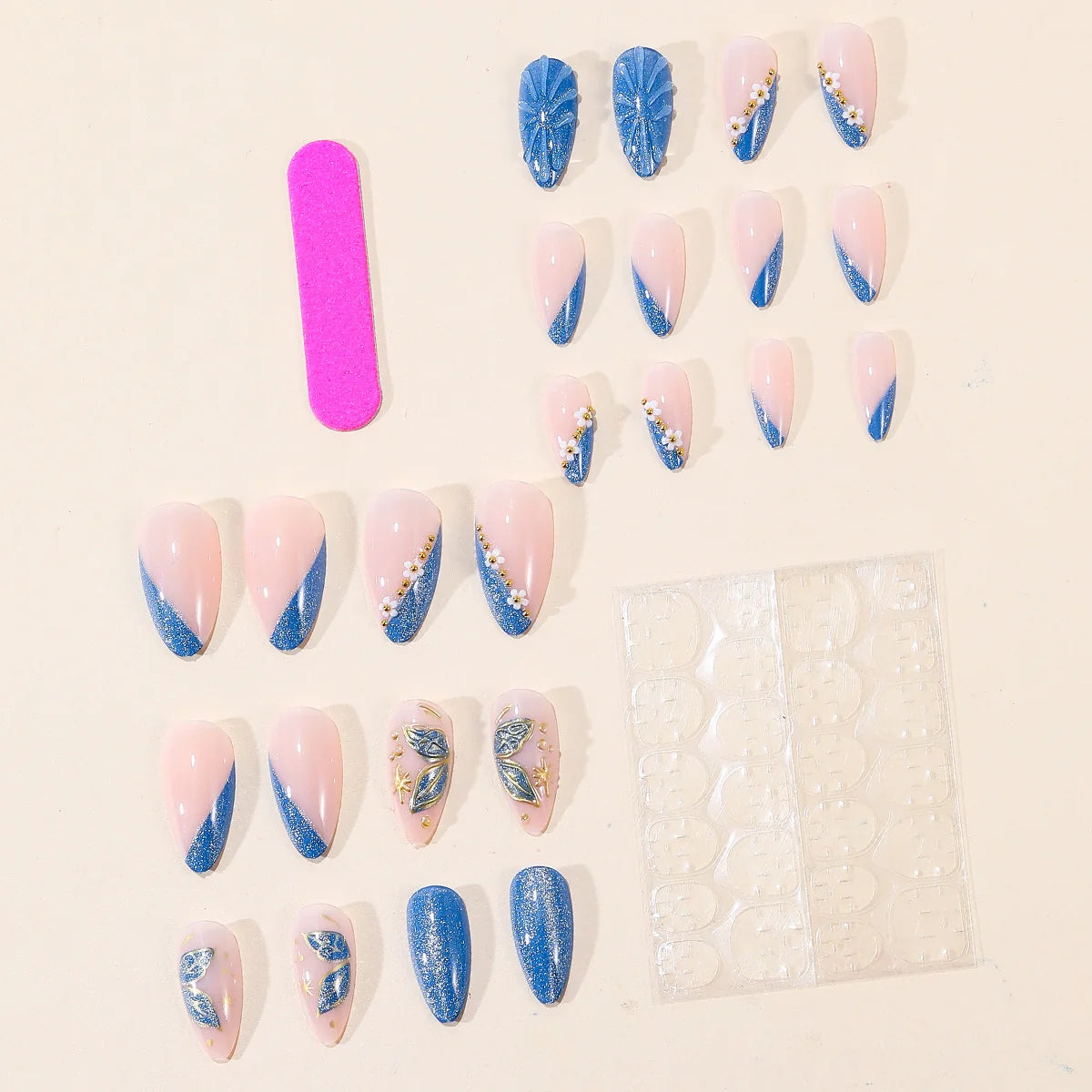 Press-On Nail Extensions 3D Floral Blue Easy Application