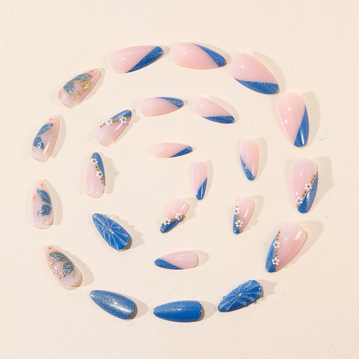 Press-On Nail Extensions 3D Floral Blue Easy Application
