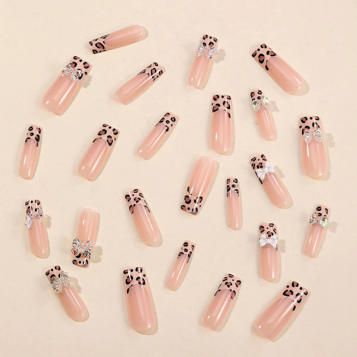 Press-On Nail Extensions Acrylic Leopard Print Gems & Bows