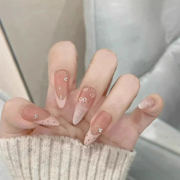 Press-On Nail Extensions Bow Design & Rhinestone Accents
