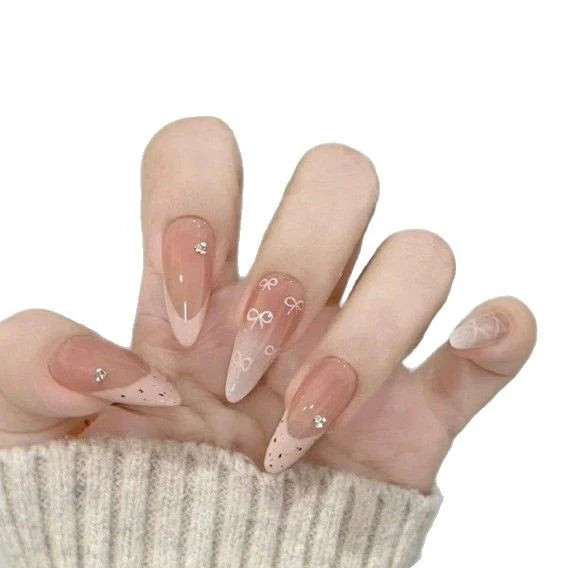 Press-On Nail Extensions Bow Design & Rhinestone Accents