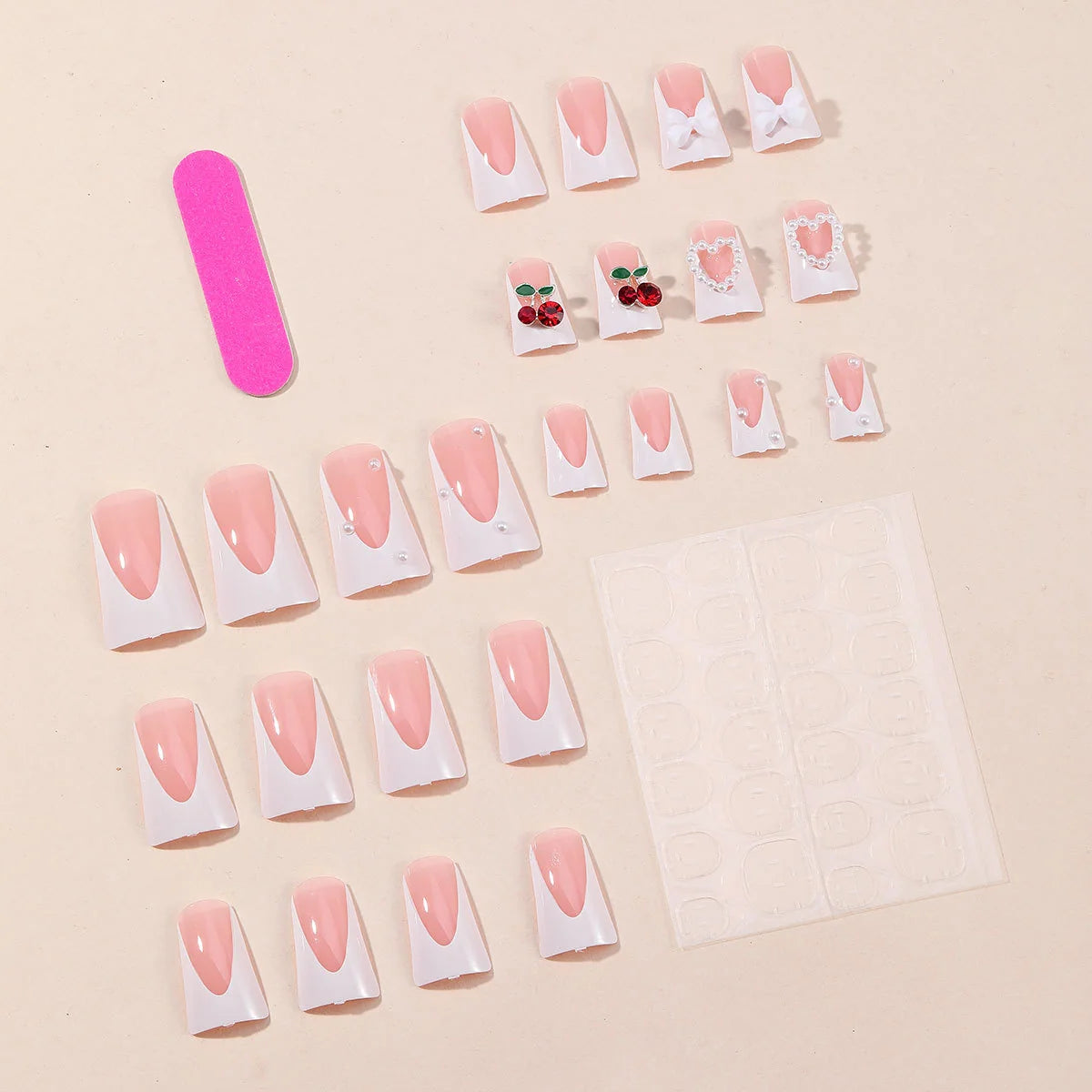 Press-On Nail Extensions Bows Pearls & Cherries Easy Application