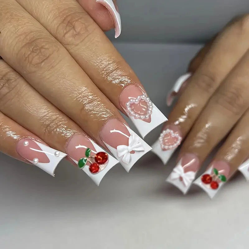 Press-On Nail Extensions Bows Pearls & Cherries Easy Application