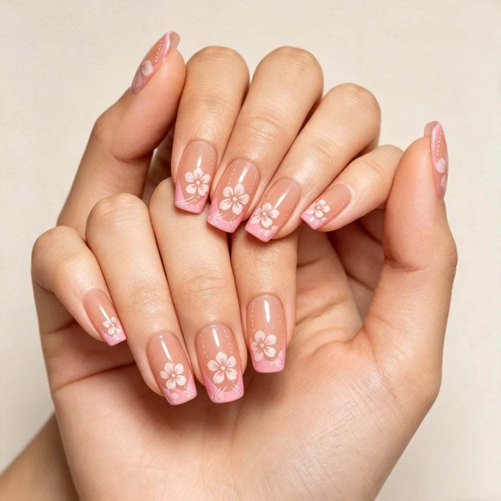 Press-On Nail Extensions Floral Full-Cover & Reusable