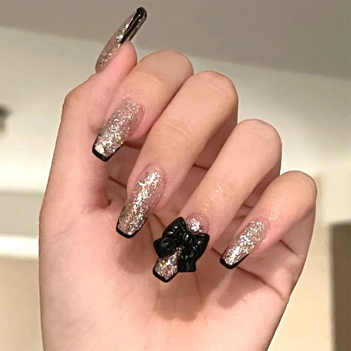 Press-On Nail Extensions Glitter & Bow Accents Easy Application