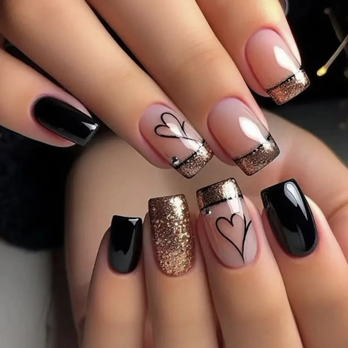 Press-On Nail Extensions Glitter Heart Accent Easy Application