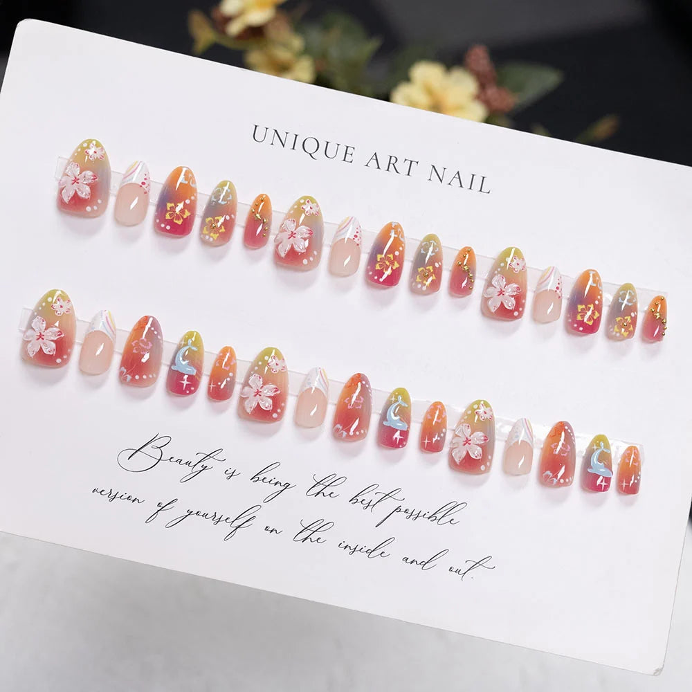 Press-On Nail Extensions Hand-Painted Floral Easy Apply & Remove