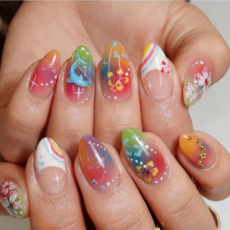 Press-On Nail Extensions Hand-Painted Floral Easy Apply & Remove