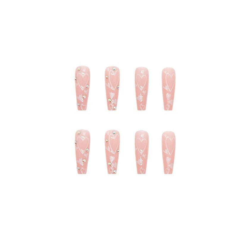 Press-On Nail Extensions Heart-Embellished Jelly Gel Finish
