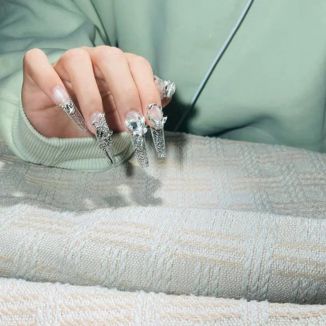 Press-On Nail Extensions Long Acrylic Crystal Accents