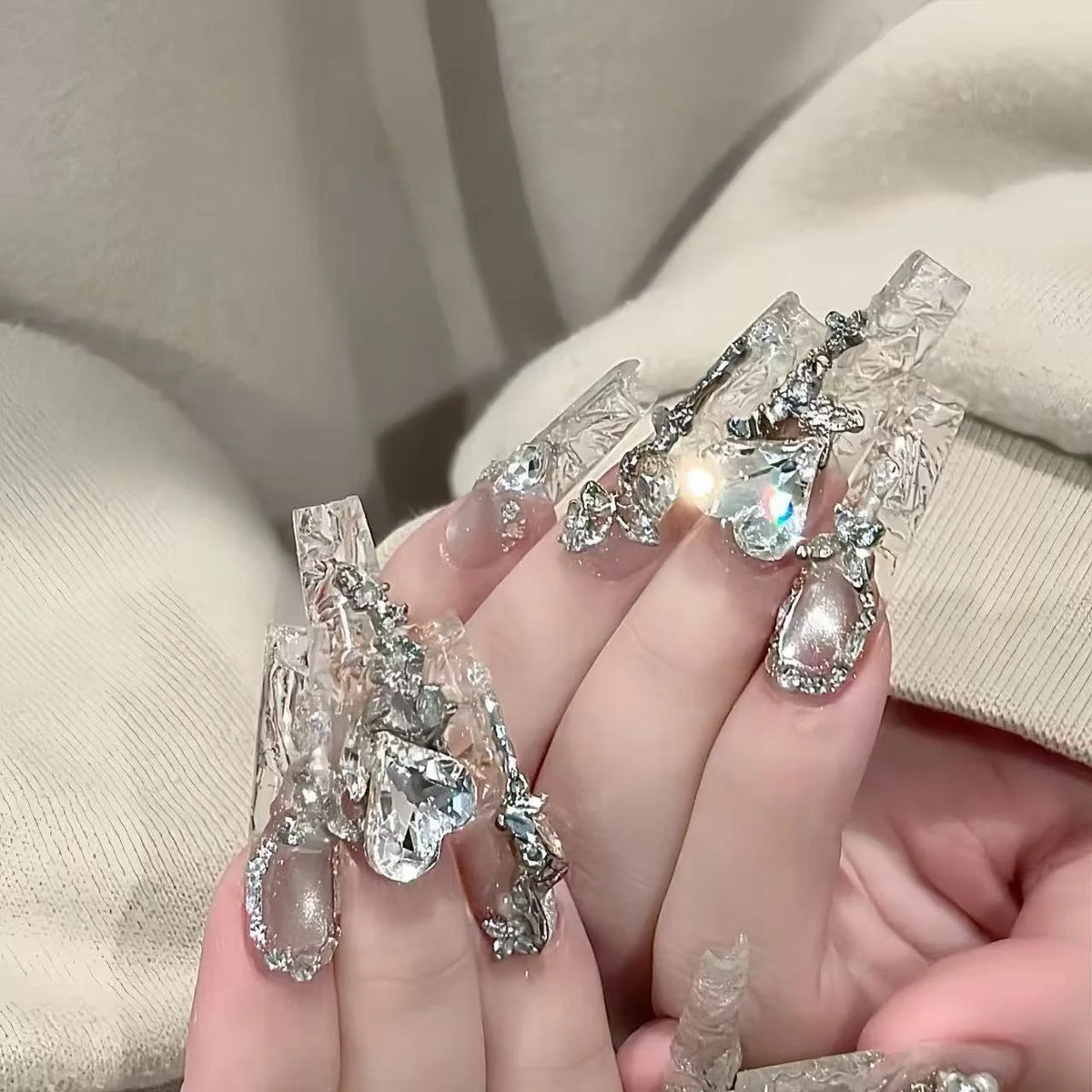 Press-On Nail Extensions Long Acrylic Crystal Accents