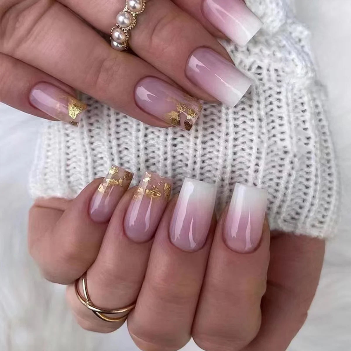 Press-On Nail Extensions Ombre & Gold Glitter Easy Apply