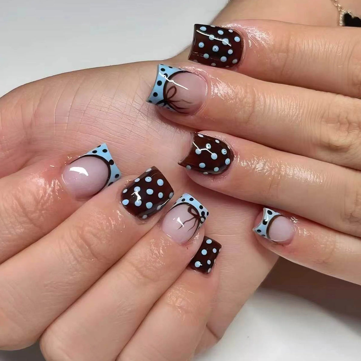Press-On Nail Extensions Polka Dot Brown & Blue Comfortable Fit