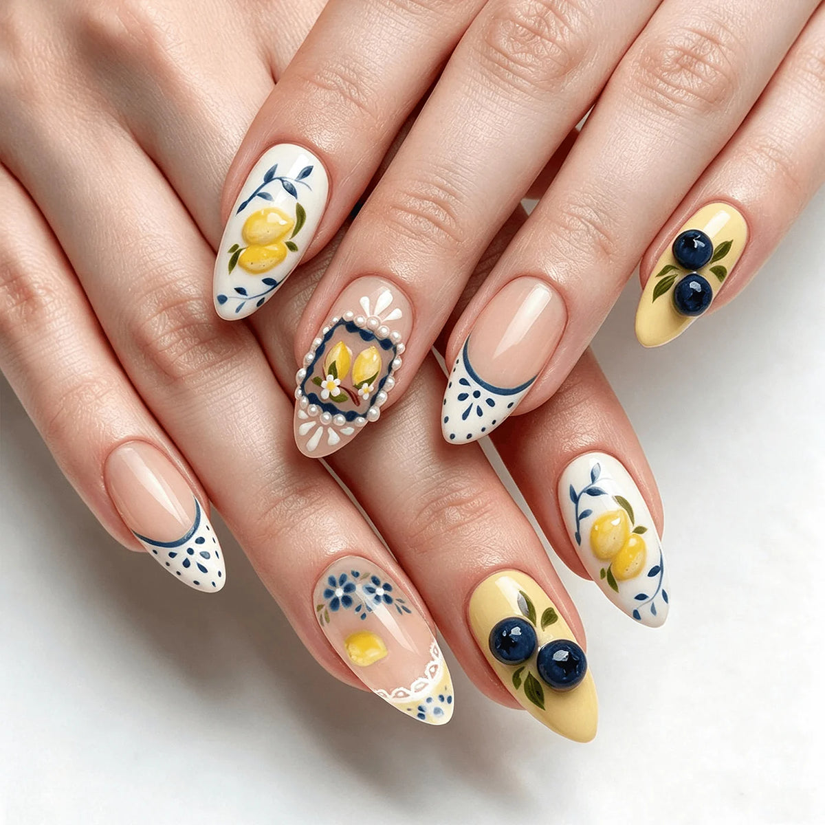 Press-On Nail Extensions Stiletto Handmade Fruit Motifs Turquoise