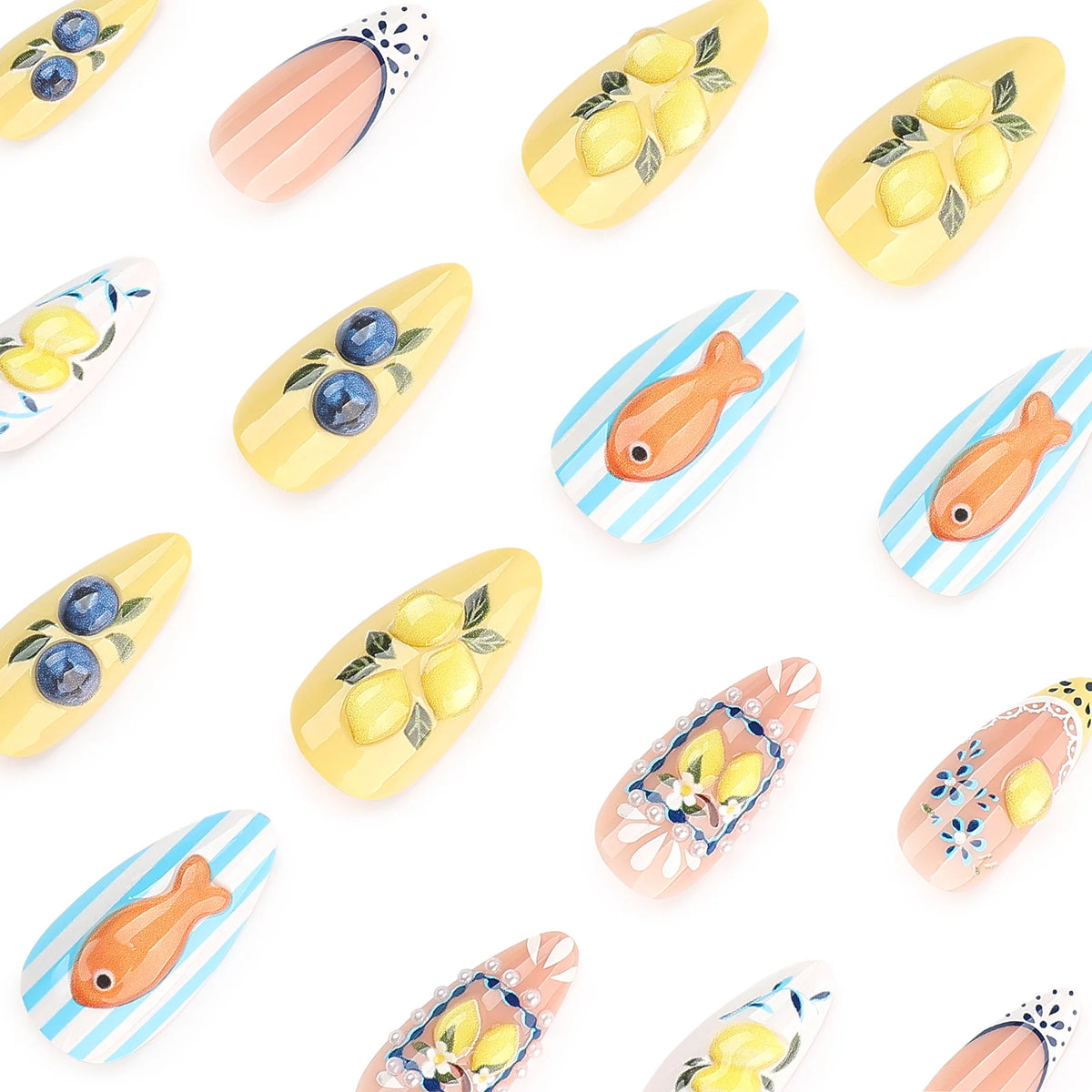 Press-On Nail Extensions Stiletto Handmade Fruit Motifs Turquoise
