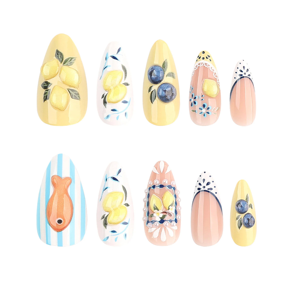 Press-On Nail Extensions Stiletto Handmade Fruit Motifs Turquoise