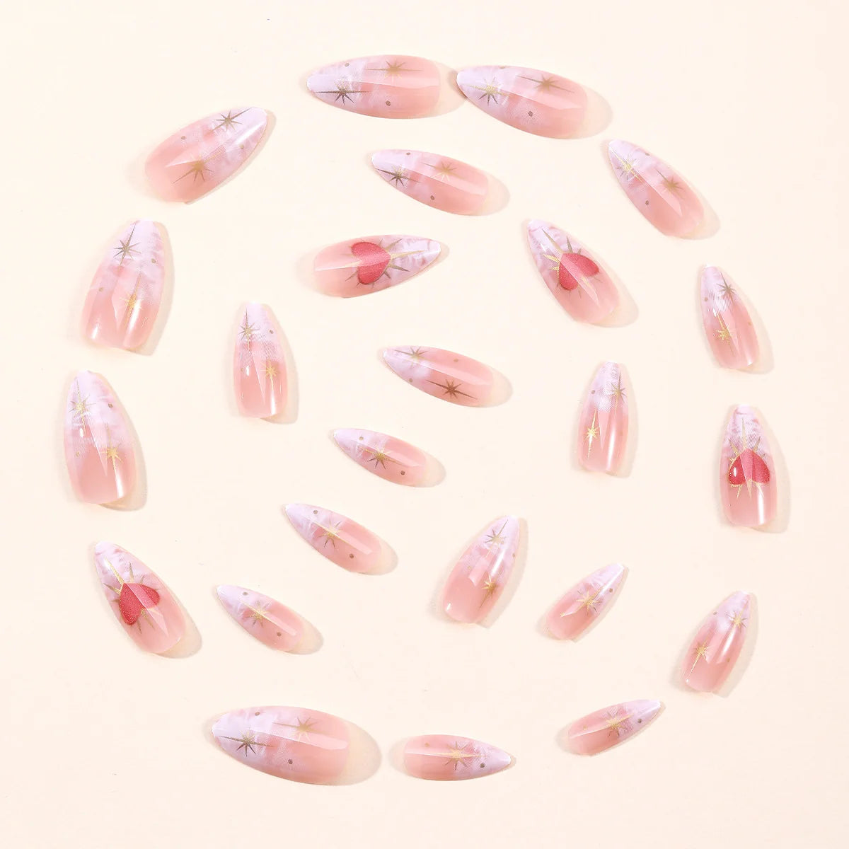 Press-On Nail Extensions Stiletto White Gold Heart Accents