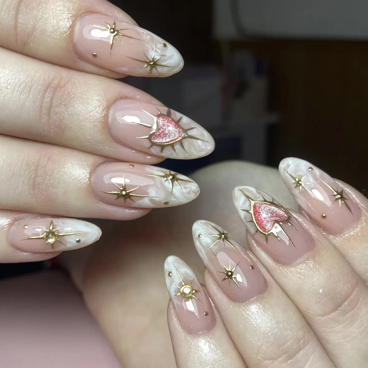 Press-On Nail Extensions Stiletto White Gold Heart Accents