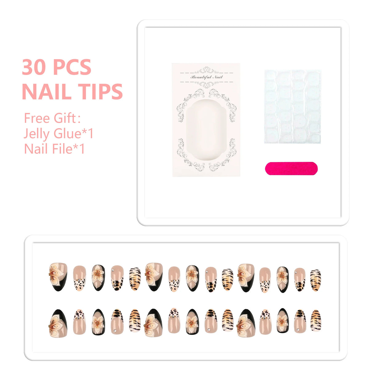 Press-On Nail Kit 30 Decorative Tips Jelly Glue & File