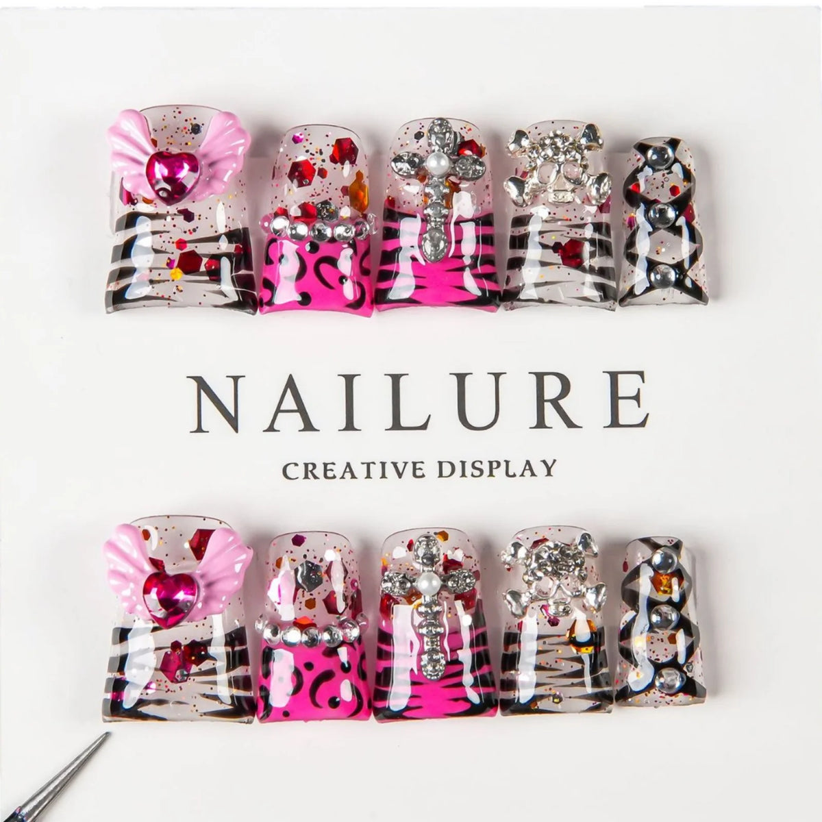 Press-On Nail Kit Artistic Glitter Reusable With Adhesive