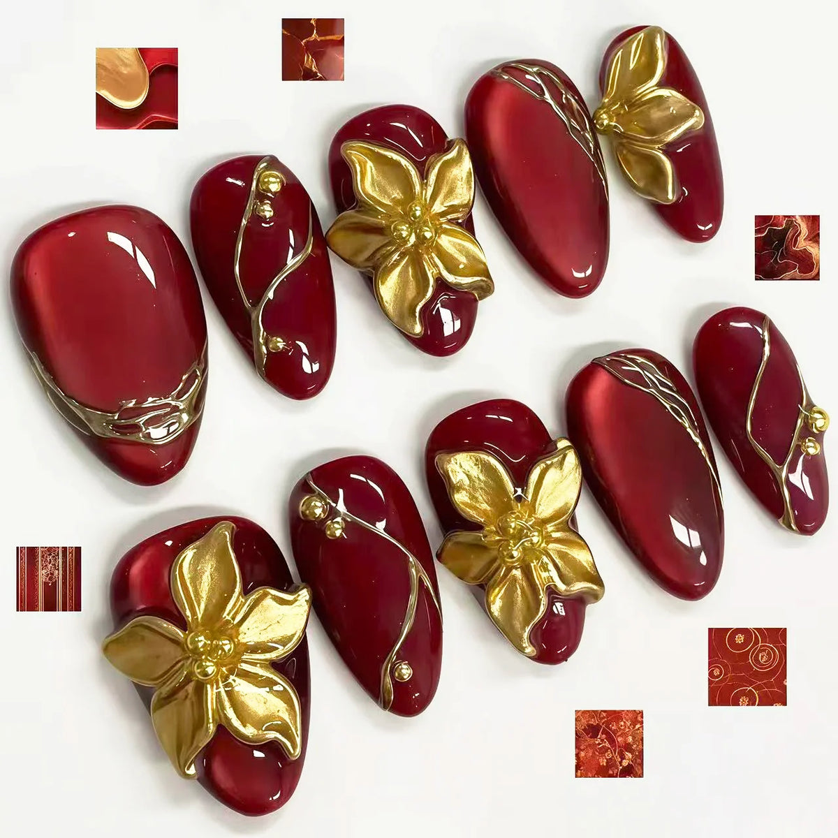 Press-On Nail Kit Floral Design & Gold Embellishments