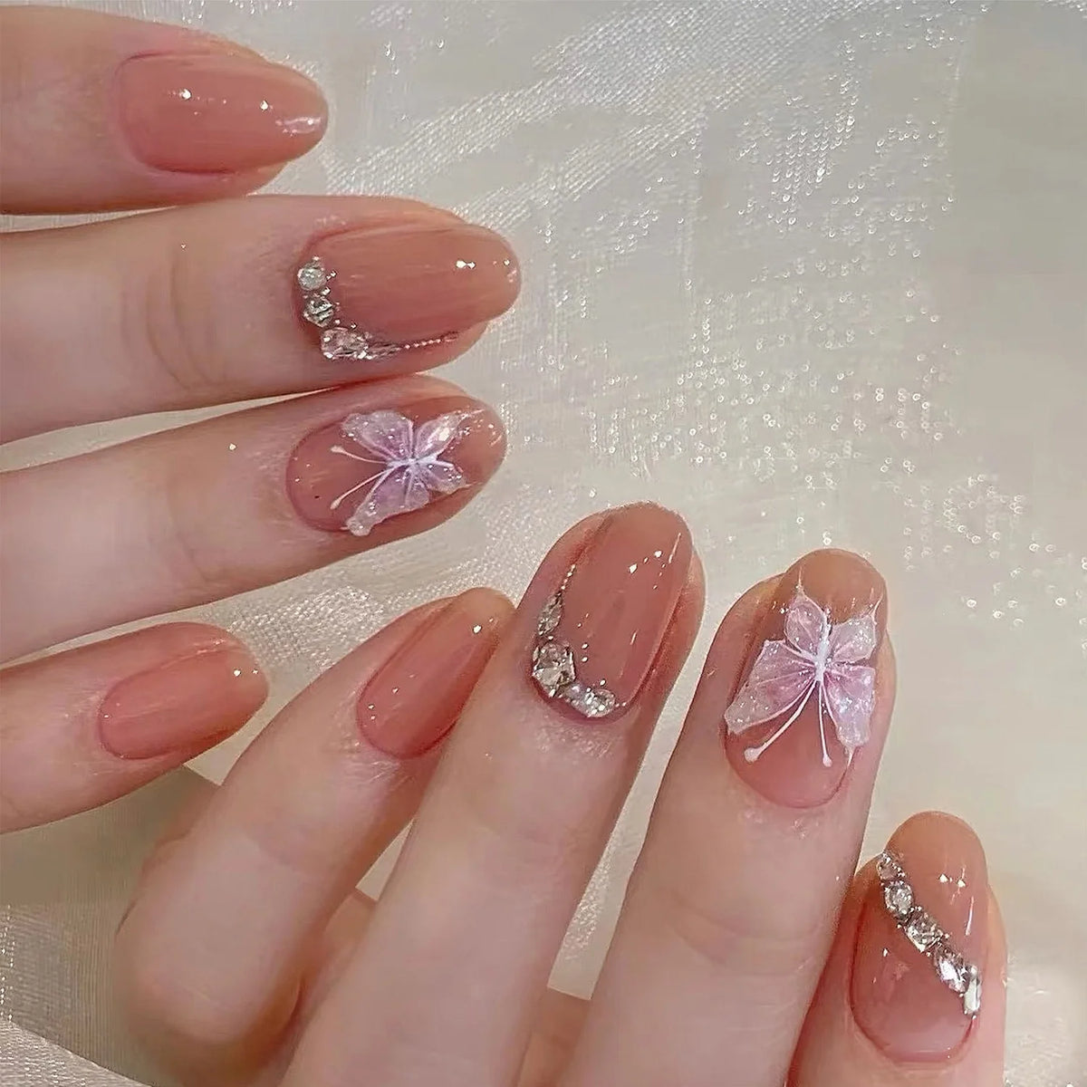 Press-On Nail Kit Floral Sparkle Adhesive Backing