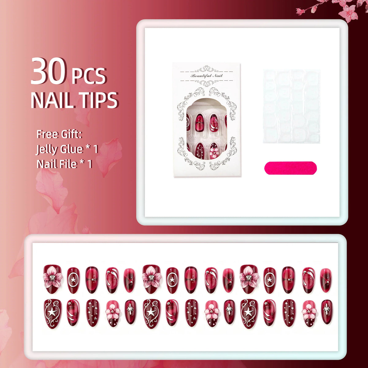 Press-On Nail Kit Floral & Sparkle Multiple Sizes
