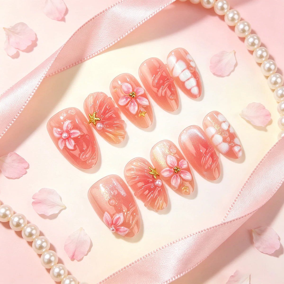 Press-On Nail Kit Hand-Painted Floral Easy-Apply Adhesive