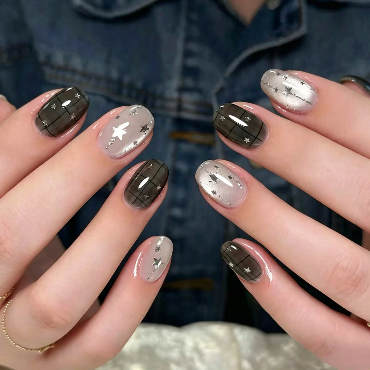Press-On Nail Kit Star Pattern Mixed Gloss & Matte