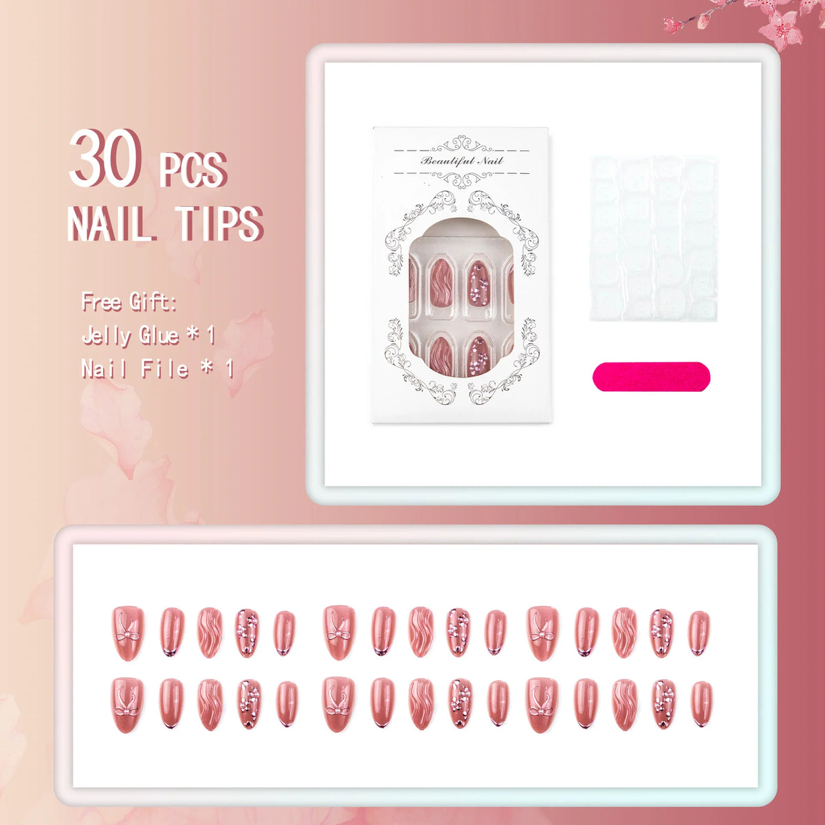 Press-On Nail Set 10 Elegant Designs Durable & Gentle