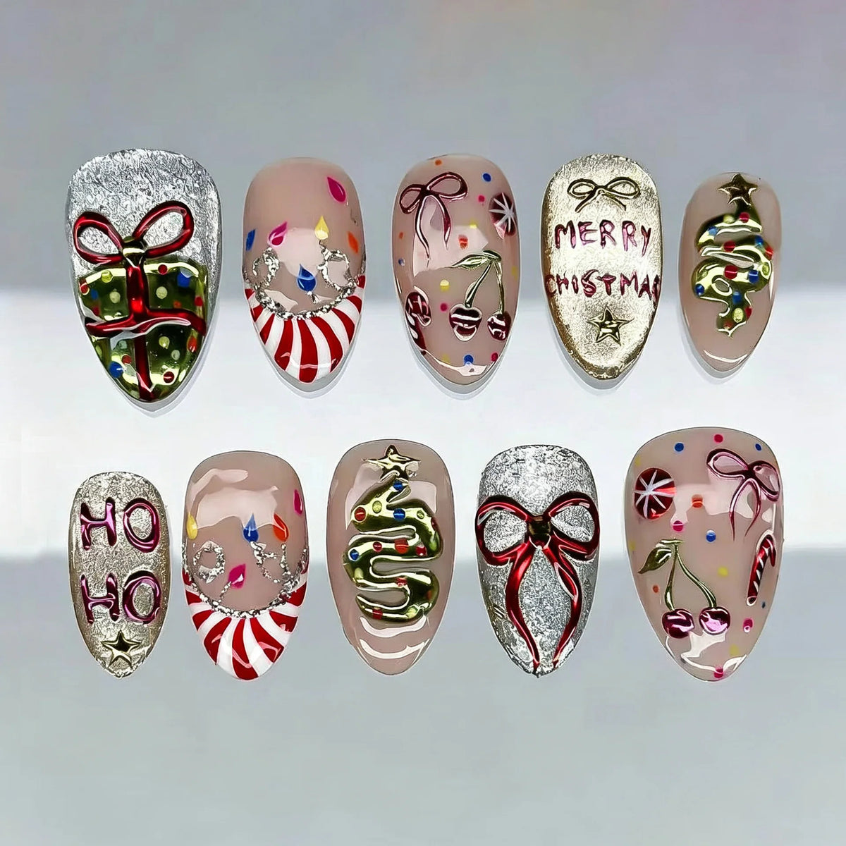 Press-On Nail Set 10-Piece Holiday Designs Reusable