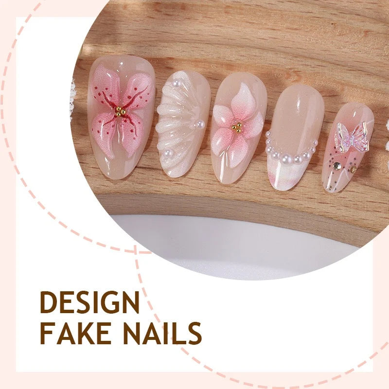 Press-On Nail Set 21-Piece Self-Adhesive Floral Jewel Accents