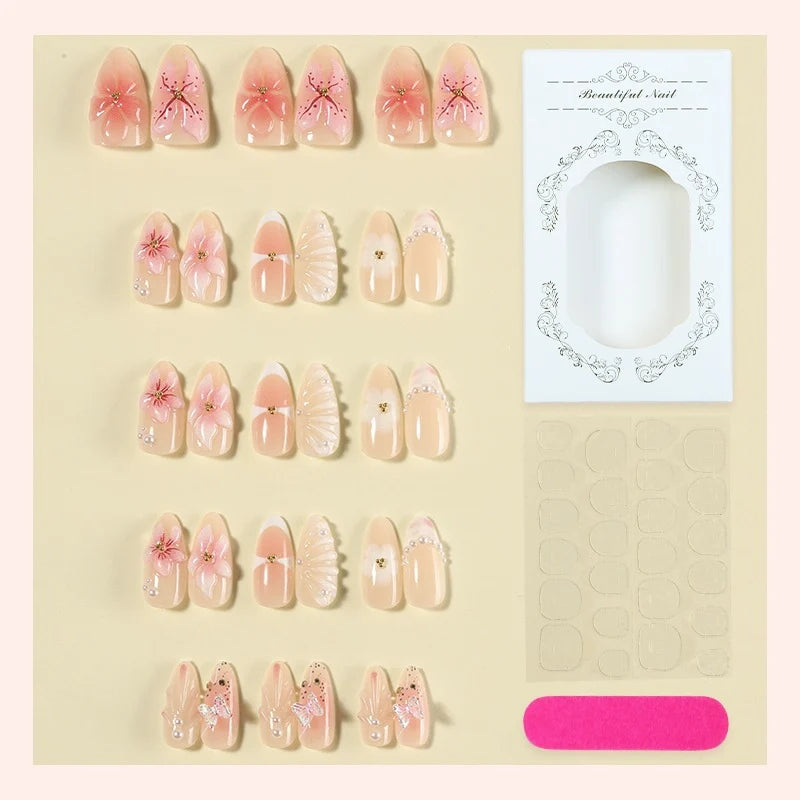 Press-On Nail Set 21-Piece Self-Adhesive Floral Jewel Accents
