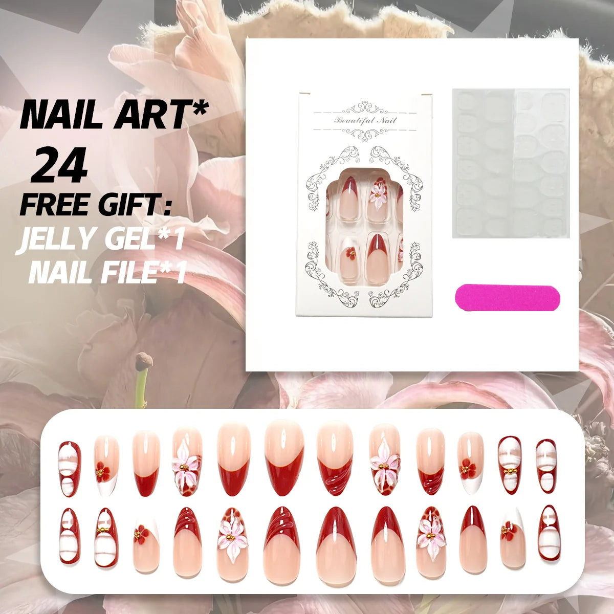 Press-On Nail Set 24 Piece Floral Designs