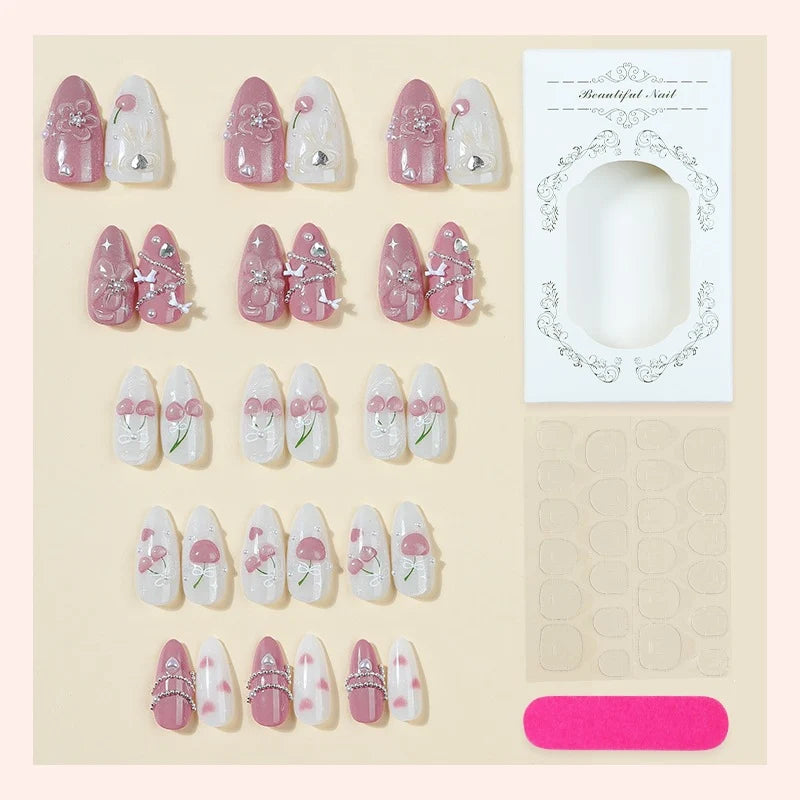 Press-On Nail Set 24-Piece Floral & Glitter With Tools